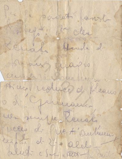 L’immagine riproduce la seconda facciata della lettera di Renato Dalla Palma alla zia, scritta durante la prigionia nel Lager di Bolzano. L’originale è stato vergato con una matita blu su due delle quattro facciate di un foglio A4 piegato a metà.