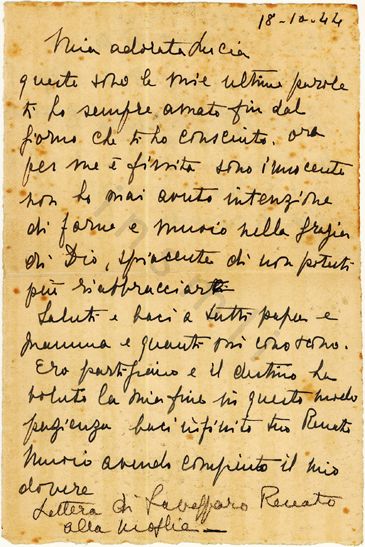 L’immagine riproduce l’ultima lettera di Renato Lavezzaro alla moglie Lucia. Il documento è scritto a penna nera, mentre in calce una mano diversa da quella del condannato ha annotato "Lettera di Lavezzaro Renato alla moglie".