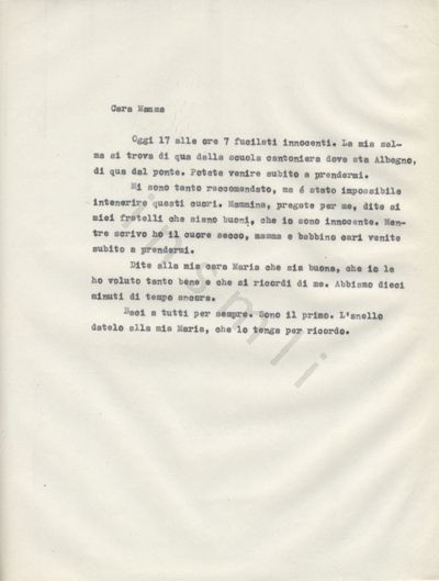 L’immagine riproduce il testo dell’ultima lettera scritta da Renato Magi alla madre.