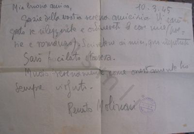 L’immagine riproduce la lettera scritta da Reanto Molinari all’amica Linda Falasco, dalla sua cella alle "Casermette" di Rivoli, il giorno stesso della sua fucilazione.
Il documento è scritto a matita su un foglietto di carta bianca.