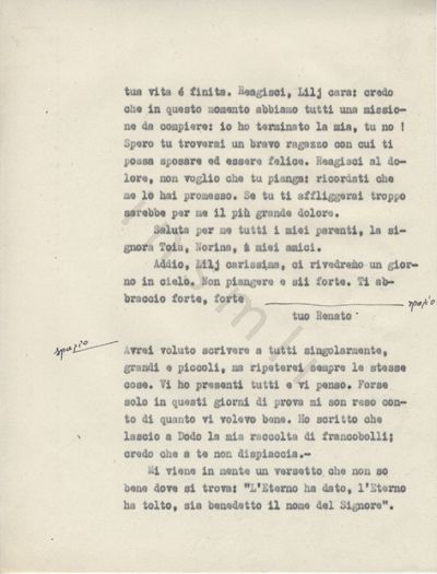 L’immagine riproduce la quarta pagina della trascrizione a macchina dell’ultima lettera di Renato Peyrot alla sorella Lilette (Lilj) la sera prima della sua esecuzione. A metà del documento è scritto due volte, a mano con una penna nera, la parola "spazio", con delle frecce.