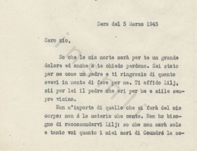 L’immagine riproduce la prima pagina della trascrizione a macchina dell’ultima lettera di Renato Peyrot allo zio.