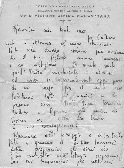 L’immagine riproduce la prima facciata della lettera di Renzo Scognamiglio alla madre, scritta prima della sua esecuzione. Il documento è scritto su un foglio della VI divisione alpina Canavese.