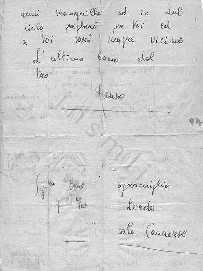 L’immagine riproduce la seconda facciata della lettera di Renzo Scognamiglio alla madre, scritta prima della sua esecuzione. Il documento è scritto su un foglio della VI divisione alpina Canavese.