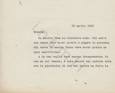 L’immagine riproduce la prima pagina della trascrizione a macchina dell’ultima lettera inviata da Renato Viola al fratello Oreste (anch’egli partigiano) scritta alcuni giorni prima di incontrare la morte in battaglia, col presentimento della fine imminente. 