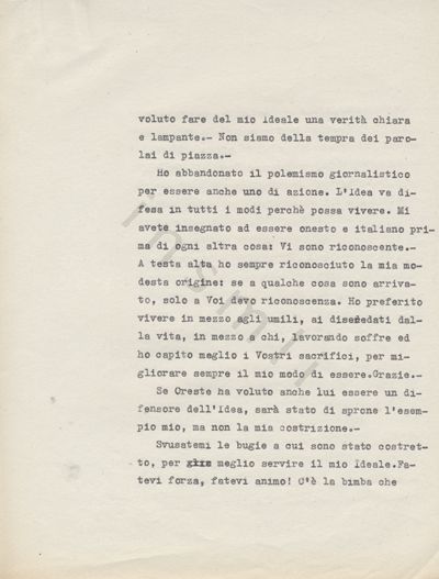 L’immagine riproduce la seconda pagina della trascrizione a macchina dell’ultima lettera inviata da Renato Viola ai genitori, scritta alcuni giorni prima di incontrare la morte in battaglia, col presentimento della fine imminente.