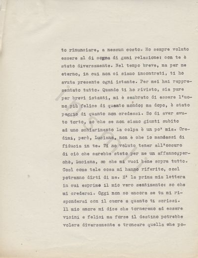 L’immagine riproduce la seconda pagina della trascrizione a macchina dell’ultima lettera inviata da Renato Viola all’amata Luciana, scritta alcuni giorni prima di incontrare la morte in battaglia, col presentimento della fine imminente.