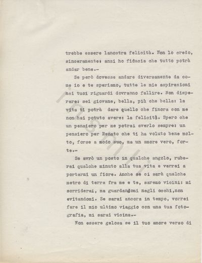 L’immagine riproduce la terza pagina della trascrizione a macchina dell’ultima lettera inviata da Renato Viola all’amata Luciana, scritta alcuni giorni prima di incontrare la morte in battaglia, col presentimento della fine imminente.