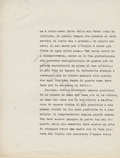 L’immagine riproduce la quarta pagina della trascrizione a macchina dell’ultima lettera inviata da Renato Viola all’amata Luciana, scritta alcuni giorni prima di incontrare la morte in battaglia, col presentimento della fine imminente.