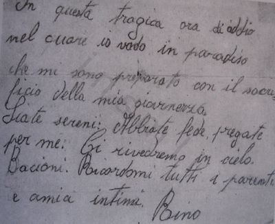 L’immagine riproduce l’ultima lettera scritta da Rino Gualandi, nell’imminenza della morte. Non c’è data ed il destinatario non è esplicitato, anche se appare chiaro che sia rivolta ai familiari.
Il documento è scritto a penna.