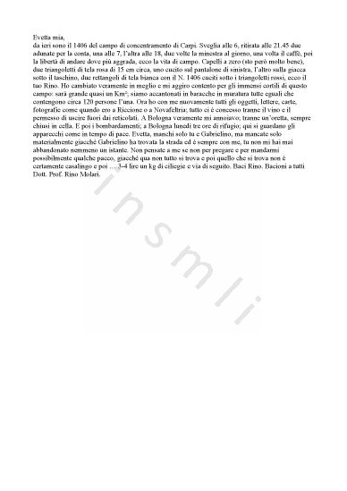 L’immagine riproduce il testo dell’ultima lettera scritta da Rino Molari alla moglie.