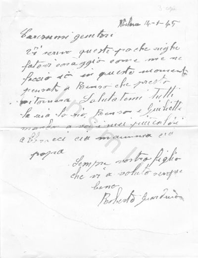 L’immagine riproduce la fotografia digitale dell’ultima lettera scritta da Roberto Giardino ai genitori, poco prima della sua esecuzione.