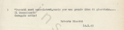 L’immagine riproduce la trascrizione a macchina dell’ultimo messaggio di Roberto Ricotti ai parenti.