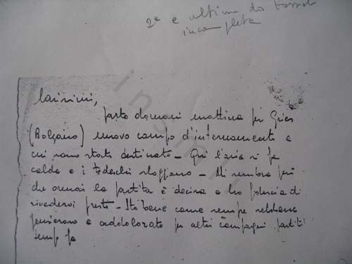 L’immagine riproduce la copia digitale del secondo ed ultimo messaggio scritto da Rolando Petrini nel campo di Fossoli. Il messaggio risulta incompleto.