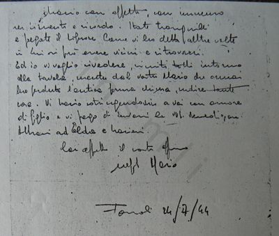 L’immagine riproduce la fotocopia della seconda pagina della lettera scritta da Rolando Petrini ai suoi cari il 24 luglio 1944, dal campo di concentramento di Fossoli.