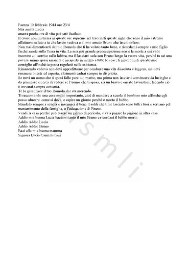 L’immagine riproduce il testo dell’ultima lettera scritta da Romolo Cani alla moglie Lucia.