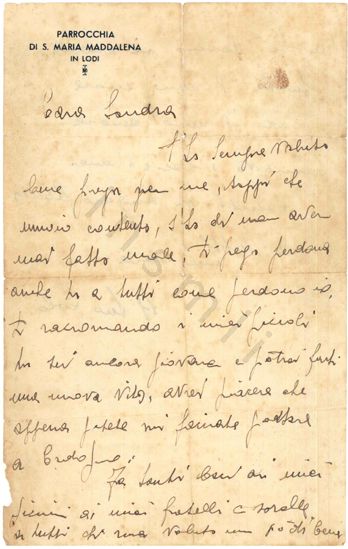 L’immagine riproduce il fronte dell’ultima lettera di Rosolino Ferrari alla moglie Sandra, scritta pochi minuti prima della fucilazione. Il documento è scritto a penna sulle due facciate di un foglio della "Parrocchia Santa Maria Maddalena in Lodi", probabilmente fornito al condannato dal cappellano militare che ne raccolse le ultime parole e le consegnò alla moglie.