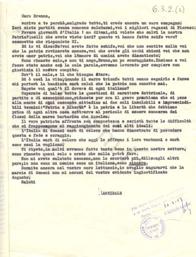 L’immagine riproduce la trascrizione a macchina dell’ultimo messaggio di Ruggero Mancini, scritto all’amico Brenno pochi giorni prima della cattura.