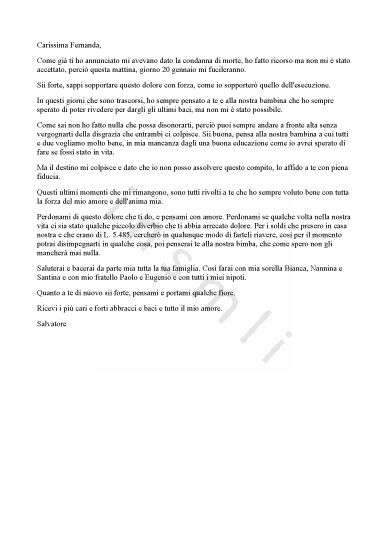 L’immagine riproduce la trascrizione dell’ultima lettera di Salvatore Petronari alla moglie Ferranda, scritta, come anch’egli dice all’inizio del messaggio, pochi istanti prima della sua fucilazione.