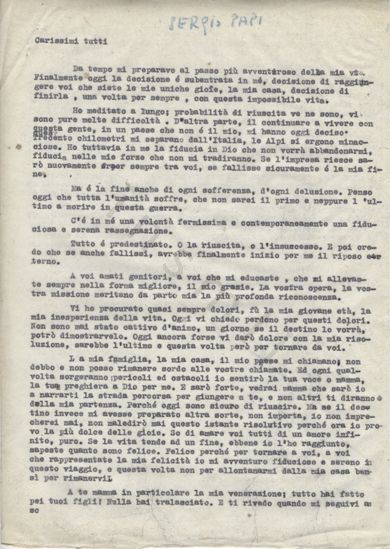 L’immagine riproduce la prima pagina della trascrizione a macchina della lettera scritta da Sergio Papi ai familiari, prima di fuggire dal campo di addestramento di Munsingen.