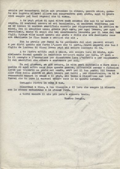 L’immagine riproduce la seconda pagina della trascrizione a macchina della lettera scritta da Sergio Papi ai familiari, prima di fuggire dal campo di addestramento di Munsingen.