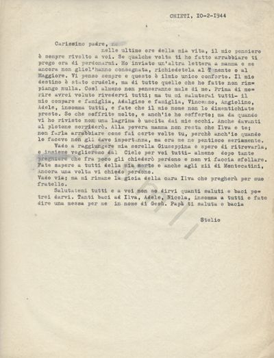 L’immagine riproduce la trascrizione a macchina dell’ultima lettera di Stelio Falasca, scritta al padre il giorno della condanna a morte.