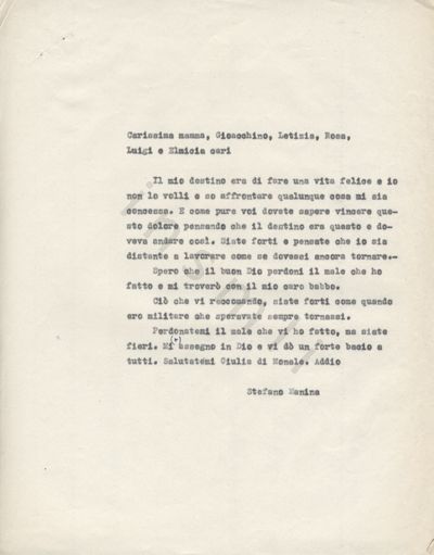 L’immagine riproduce la trascrizione a macchina dell’ultima lettera di Stefano Manina ai suoi cari.