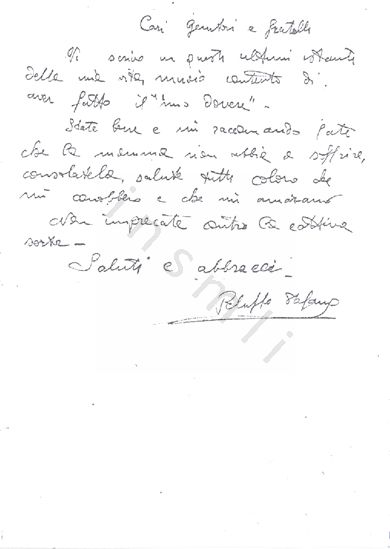 L’immagine riproduce la fotocopia dell’ultima lettera di Stefano Peluffo alla famiglia. L’originale è scritto probabilmente a penna, su un foglio bianco.