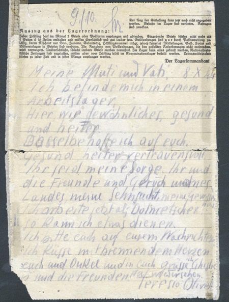 L’immagine riproduce la lettera scritta da Teresio Olivelli su carta ufficiale del campo di concentramento in cui era stato deportato.