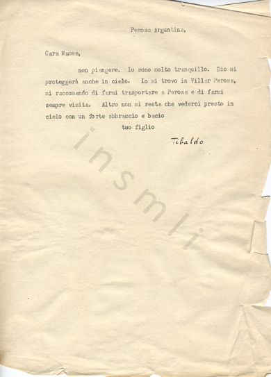 L’immagine riproduce la trascrizione a macchina dell’ultima lettera di Tibaldo Niero alla madre, prima dell’impiccagione.