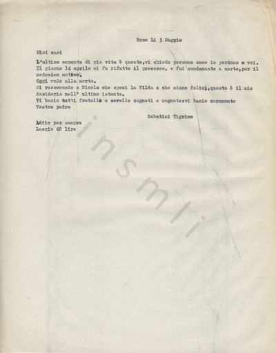 L’immagine riproduce la trascrizione a macchina dell’ultima lettera di Tigrino Sabatini ai suoi cari.