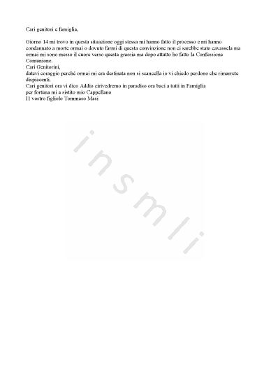L’immagine riproduce il testo dell’ultima lettera scritta da Tommaso Masi alla famiglia.