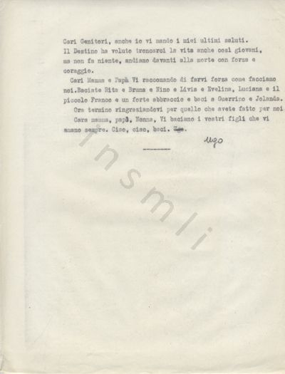 L’immagine riproduce la trascrizione a macchina dell’ultima lettera di Ugo Genre ai genitori.