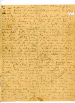 L’immagine riproduce la prima pagina della lettera scritta a mano da Umberto Ricci in carcere il 23 agosto 1944.
Il documento è scritto in 2 pagine fronte-retro a matita su carta a quadretti.
