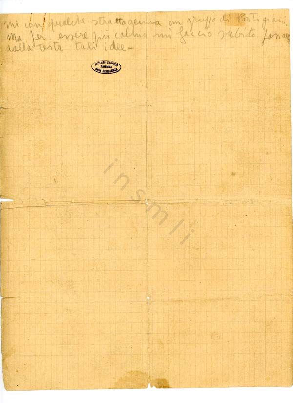 L’immagine riproduce la seconda pagina della lettera scritta a mano da Umberto Ricci in carcere il 24 agosto 1944.
Il documento è scritto in 2 pagine fronte-retro a matita su carta a quadretti.