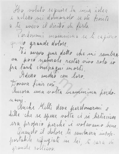 L’immagine riproduce la fotografia della seconda pagina della lettera di Valerio Bavassano alla madre, scritta dal carcere tre giorni prima di essere fucilato al Colle del Turchino. 