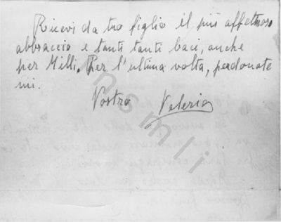 L’immagine riproduce la fotografia della terza pagina della lettera di Valerio Bavassano alla madre, scritta dal carcere tre giorni prima di essere fucilato al Colle del Turchino.