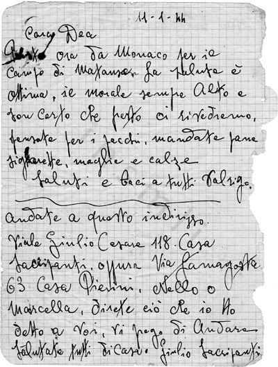 L’immagine riproduce la prima facciata dell’ultima lettera di Valrigo Mariani, scritta alla partenza da Monaco di Baviera alla volta di Mauthausen.
Ciò che è scritto sotto al testo del messaggi odi Mariani, separato da una linea orizzontale, è probabilmente un messaggio dettato da Giulio Sacripanti, deportato con lo stesso Valrigo e morto ad Ebensee nel 1945.
