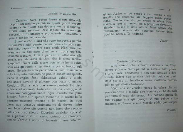 L’immagine riproduce la trascrizione a stampa delle lettere scritte da Vanzio Spinelli il 21 giugno all’amico Miro e al cugino.