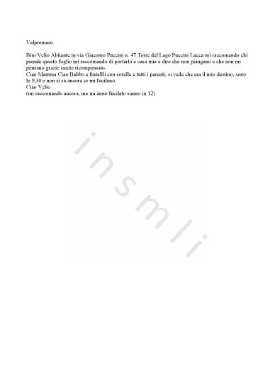 L’immagine riproduce il testo di una delle ultime lettere scritte da Velio Bini ai genitori.