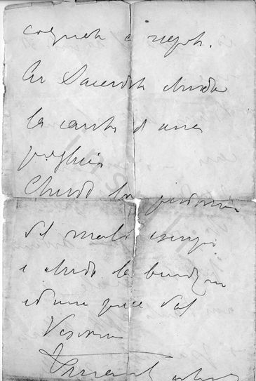 L’immagine riproduce la quarta facciata dell’ultima lettera di Venanzio Gabriotti ai suoi cari, scritta tra il giorno della cattura (5 maggio) e quello dell’esecuzione (9 maggio).
Il documento è scritto a penna sulle quattro facciate di un foglio bianco piegato longitudinalmente in due.

