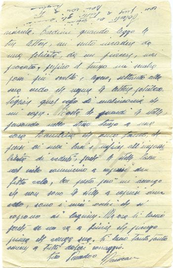 L’immagine riproduce la seconda facciata dell’ultima lettera di Venceslao Nardean, scritta dal carcere di Venezia circa due settimane prima di essere fucilato a Ca’ Giustinian. Le ultime 4 righe sono scritte a rovescio, nella parte alta del foglio. Il documento è scritto a penna blu.