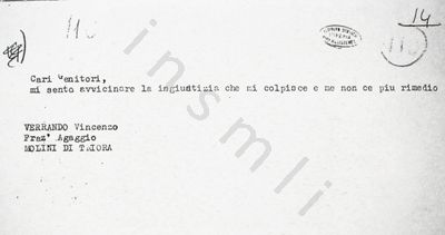 L’immagine riproduce la fotocopia della trascrizione a macchina dell’ultima lettera di Vincenzo Verrando, scritta ai genitori probabilmente poco prima di essere fucilato.