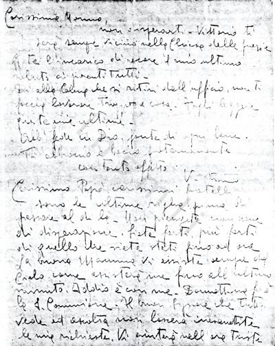 L’immagine riproduce la fotocopia della prima facciata dell’ultima lettera scritta da Alberto Grasso Caprioli prima della fucilazione.