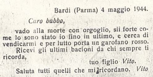 L’immagine riproduce la trascrizione a stampa del messaggio inviato da Vito Salmi al padre prima di morire. Il messaggio risulta pubblicato su una pagina di rivista di cui non sono noti i dati identificativi.