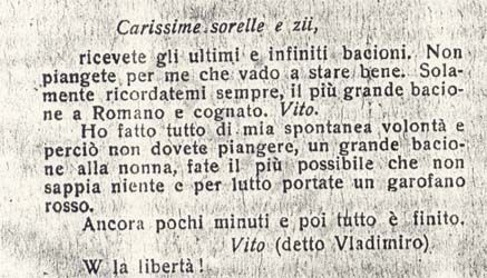 L’immagine riproduce la trascrizione a stampa del messaggio inviato da Vito Salmi alle sorelle prima di morire. Il messaggio risulta pubblicato su una pagina di rivista di cui non sono noti i dati identificativi.