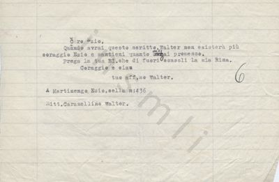 L’immagine riproduce la trascrizione a macchina della lettera scritta da Walter Caramellino all’amico Ezio Martinengo, anch’egli incarcerato, prima della fucilazione.