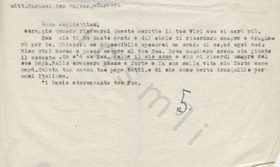 L’immagine riproduce la trascrizione a macchina della lettera scritta da Walter Caramellino a Rina, prima della fucilazione.