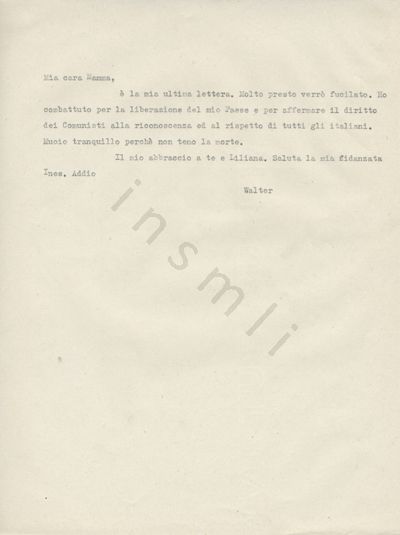 L’immagine riproduce la trascrizione a macchina dell’ultima lettera di Walter Fillak alla madre.
