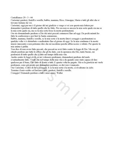 L’immagine riproduce il testo dell’ultima lettera scritta da Walter Martelli ai famigliari.